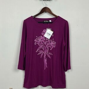 Bob Mackie Wearable Art Magenta Floral Rhinestone 3/4 Sleeve Top Large
